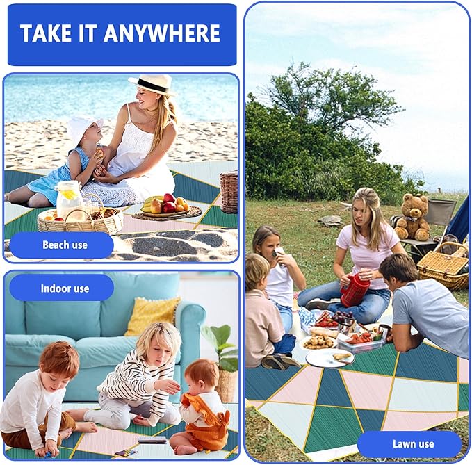 Picnic Blanket, Foldable Waterproof Sand Mat, Extra Large Picnic Blanket Outdoor Picnic Mat Beach Blanket for Park Grass Camping Hiking Travel Family Concerts