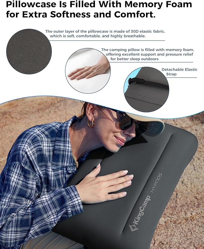 KingCamp Camping Pillow, Ultralight Inflatable Backpacking Memory Foam Air Pillow with Removable Washable Cover & Neck Lumbar Support for Camping Travel Hiking Outdoor, PVC Free (Blue)