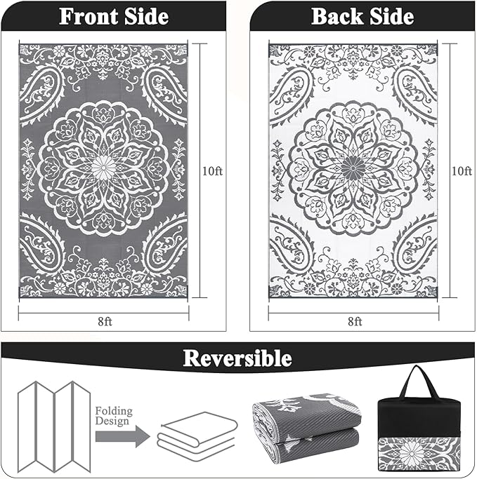 Pauwer Waterproof Outdoor Rug 8x10, Reversible Plastic Straw Patio Camping Rug, Indoor Outdoor RV Mat Carpet for Deck, Camper, Porch, Balcony, Backyard, Picnic, Boho Grey