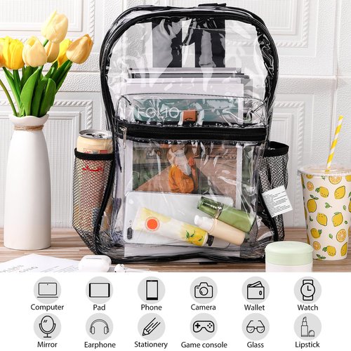 Silkfly 48 Pack Clear Backpacks Bulk PVC Transparent Bookbags Heavy Duty See Through Bags with Pockets for Stadium Work Travel(15 x 11 x 5.2 Inches)