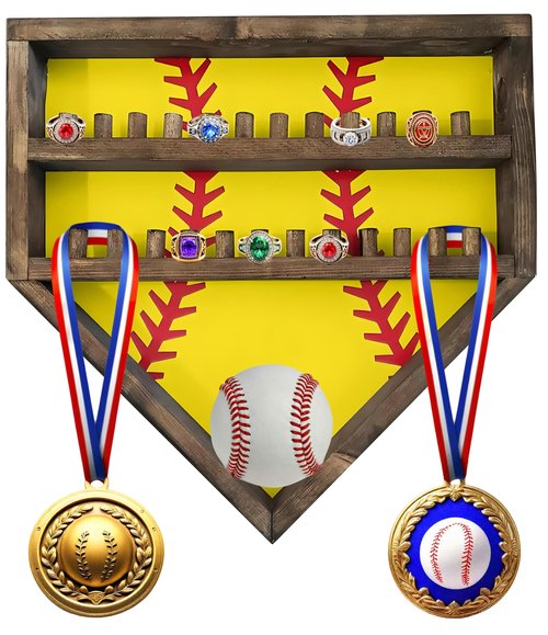 Baseball Softball Basketball Ring Holder - 24 Ring Post Wooden Display Case for Sports Medals - Wall Mount (Yellow)