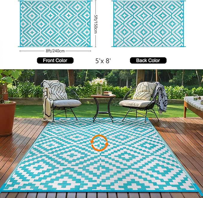 Outdoor Patio Plastic Straw Rug - 5'x8' Outdoor Camping Rug Waterproof Reversible, Area Carpet Patios Clearance RV, Outside Porch Balcony Deck for Camper, Blue & White