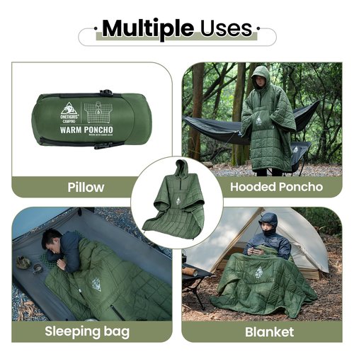 OneTigris Camping Blanket Honcho Poncho with 3M Thinsulate Insulation,Wearable Sleeping Bag Poncho for Camping Large Ultralight Water-Resisitant Warm Wearable Blanket for Outdoor Camping,Hiking