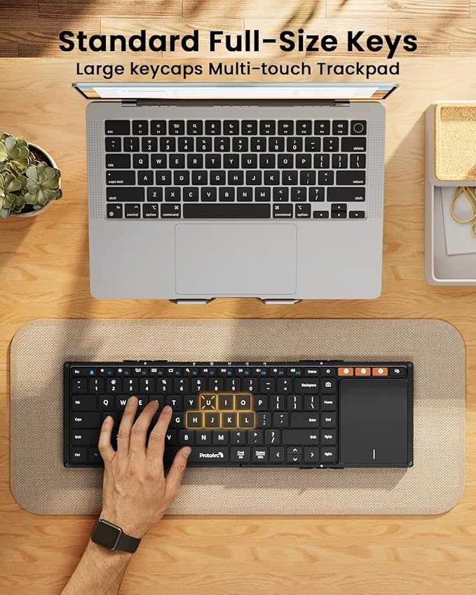 ProtoArc Foldable Keyboard with Touchpad, XK01 TP Folding Portable Keyboard, Full Size Keys, Large Trackpad Bluetooth Travel Keyboards for iPad Laptop PC Tablets -Black