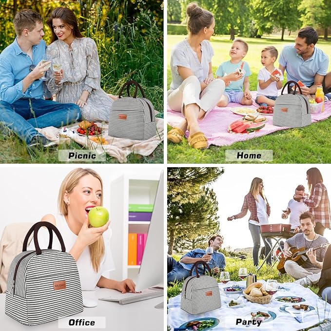 BALORAY Lunch Bag for Women Men Insulated Lunch Box for Adult Reusable Lunch Tote Bag for Work, Picnic or Travel(Black White Stripes)