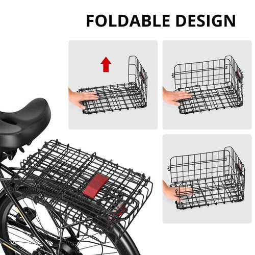 LLS Folding Bike Basket Rear, Universal, Black, Steel, 14.6 x 10.6 x 7.9 inches, 110 lbs Capacity, Reflective Tail Light, Quick Release, Ebike/Bicycle Rear Basket, Pet Carrier/Grocery
