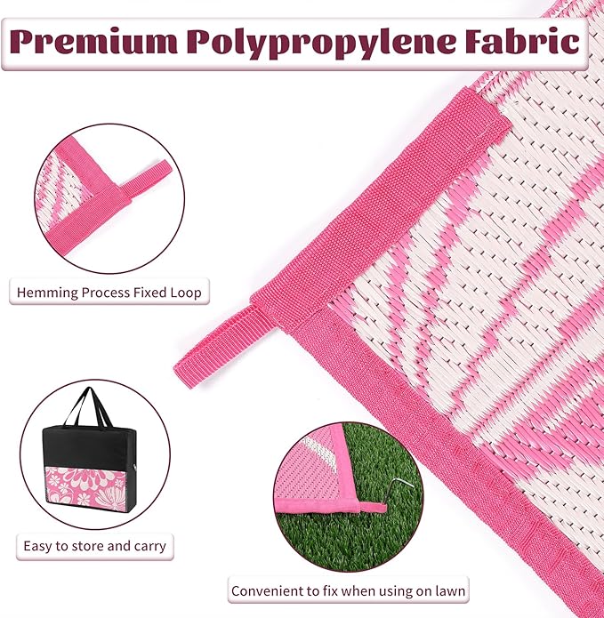 Ileading Outdoor Plastic Straw Rug 8x10ft Funny Floral Style Reversible Patio Area Rugs Waterproof Non Shedding Portable Carpets for Rv Outside Deck Pool Beach Picnic Camping (Pink)