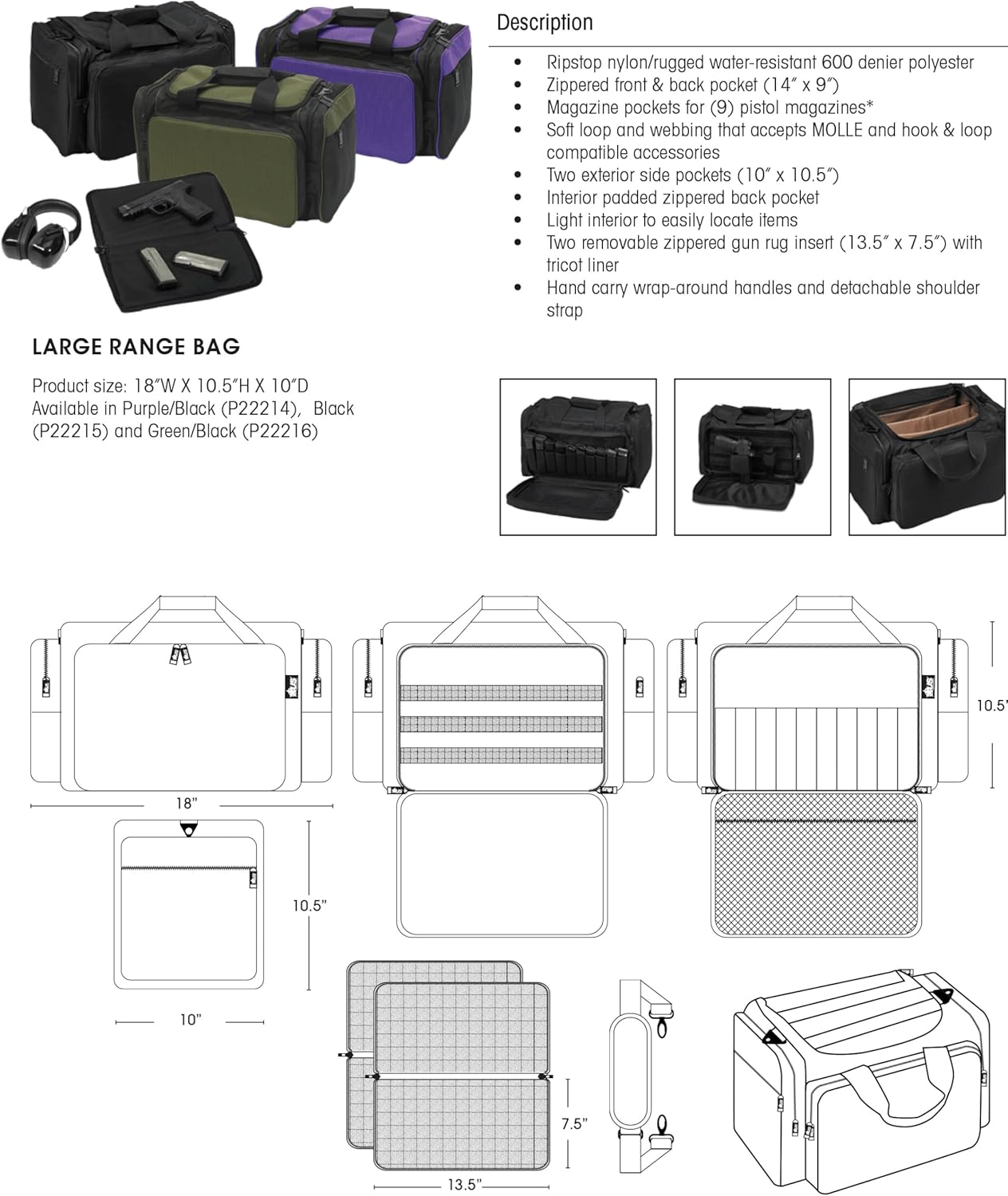 US Peacekeeper P22215 Large Range Bag (Black), 18" x 10.5" x 10"