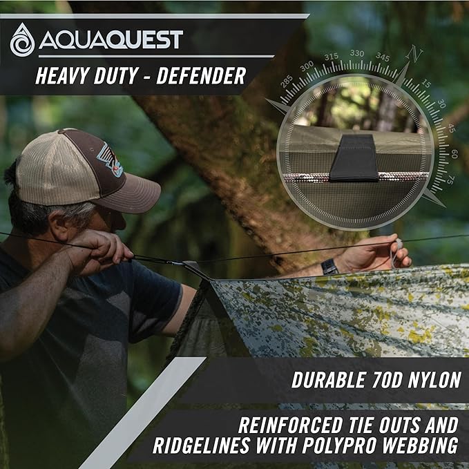 AquaQuest Defender Camping Tarp - Heavy Duty Tent Shelter or Rain Fly - Waterproof Camping Essentials for Hiking, Bushcraft & Hammock, 20 x 13 ft, Woodland Camo