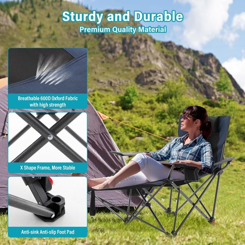 Reclining Camping Chair with Foot Rest, Folding Lounge Chair for Adults,Outdoor Chair Support 300 lbs with Adjustable Backrest &Cup Holder Portable Recliner Beach Chair for Lawn Outside,Navy
