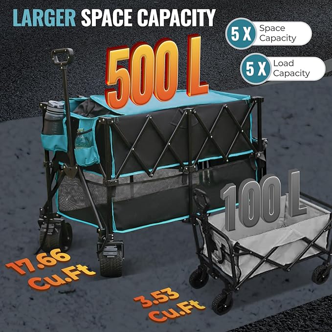 FUNDANGO Double Decker Wagon, 500L Collapsible Beach Wagons Foldable Heavy Duty Garden Cart with Tailgate, Brakes, Side Pockets & All-Terrain Big Wheels for Sports Camping Shopping, Blue