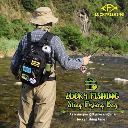 LUCKYFISHING Fishing Backpack Fishing Sling Bag Fly Bag Lightweight with 6PCS Fish Style-DIY Embroidery Patches Gift for Men