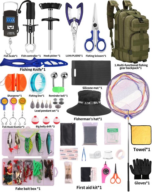 AOFUXTI Fishing Tool Kit - Fishing Pliers Kit, 112Pcs Fishing Gear and Equipment, with Fish Hook Remover, Fishing Scale, Fishing Scissors, Fish Lip Gripper, Fishing Lures (Blue and Fisherman's hat)