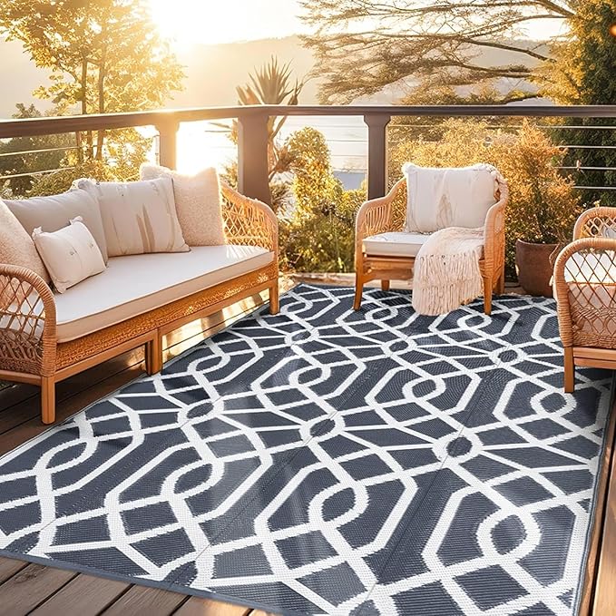 wikiwiki Outdoor Rug, 6x9ft Waterproof Reversible Mat Indoor Outdoor Rugs Carpet, Small Area Rug Plastic Straw Rug for Patio Deck Balcony Pool RV Camping Beach Picnic, Grey, Rugscape Series