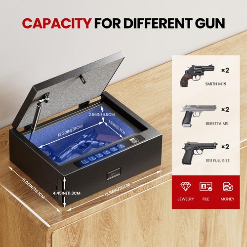 Kornerbatl Fire-Resistant Handgun Safe, 16.5LB Heavy-Duty Pistol Vault with Gypsum Layer, Biometric Quick Access, Silent Mode, Digital Keypad & Backup Key, Ideal for Bedside or Car