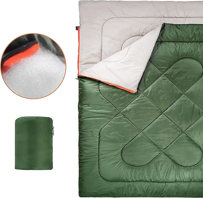 Amazon Basics 3-Season Durable Sleeping Bag for Adults, Olive Green, Queen, Ideal for Hiking