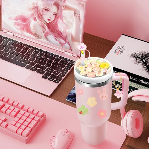 LBU Stanley Cup Lid Accessories for 40oz Tumbler with Handle, Including 1Pc Bling Stanley Lid Topper + 1Pcs Silicone Straw Cover Cap + 1Pcs Handle Charms for Stanley Cup Accessories (Flower)