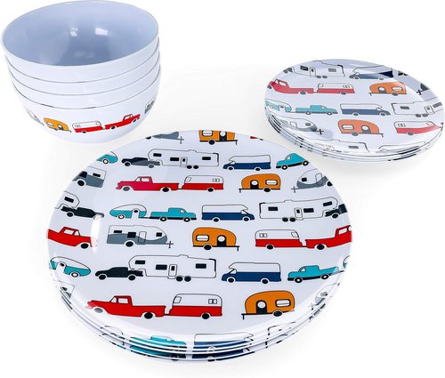 Camco Teal Life is Better at The Campsite 12 Piece Dishware Set-Blue Retro Trailer and Logo Design, Includes Plates and Bowls, Perfect for RVing and Camping, Melamine (53296)
