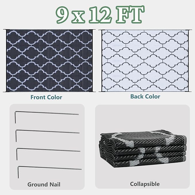 Ogrmar 9x12 FT Reversible Mats, Outdoor Rug for Patio Clearance, Waterproof Carpet, Plastic Straw Rug for Indoor Outdoor, Floor Mat&Rug for RV Porch Camping Backyard Deck Balcony Beach Trailer (Black)