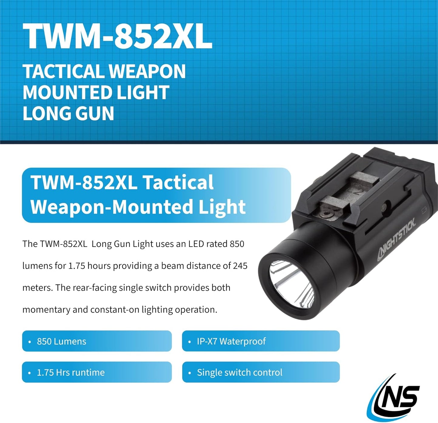 Nightstick TWM-852XL 850-Lumen Tactical Rail-Mounted Light with Single Push Button