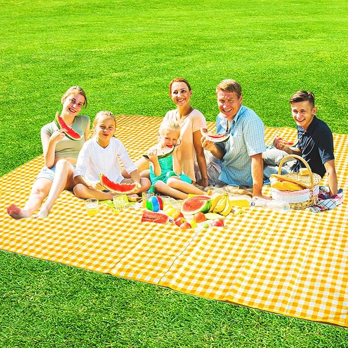 ZHUYNXIR Extra Large Picnic, Waterproof Blanket, Gingham Picnic Mat for Beach, Camping Grass Picnic Blankets. (Yellow 58x58 inch)