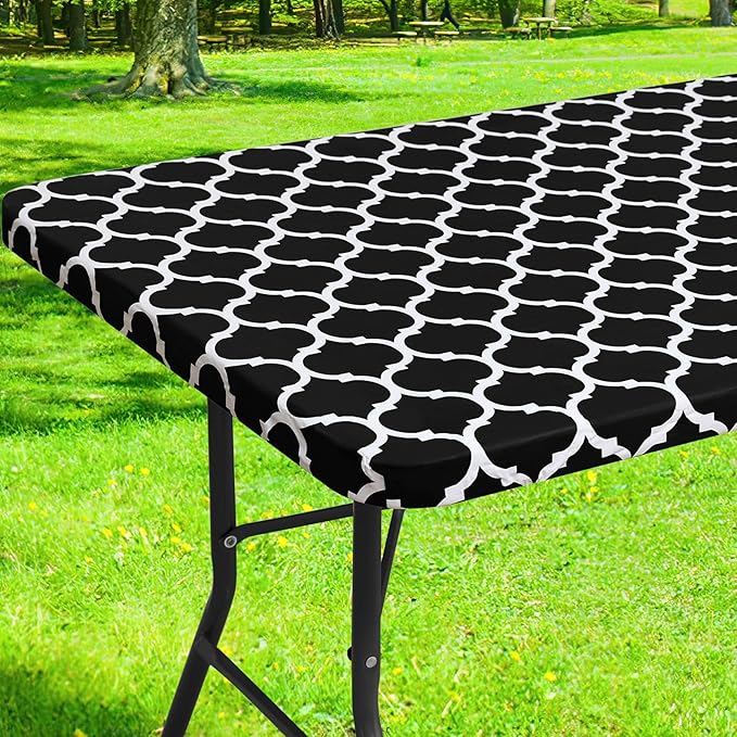 Smiry Rectangle Picnic Table Cover, Waterproof Elastic Fitted Camping Tablecloths for 4 Foot Tables, Wipeable Flannel Backed Vinyl Tablecloth Protector for Indoor, Outdoor (Black, 30x48 Inches)
