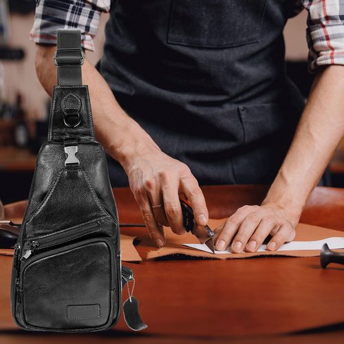 DTGN Genuine Leather Small Sling Bag - 6.69"x12.6" (LXH) Good for Men and Women Hiking Travel - Multipurpose Casual Small Packs Crossbody Chest Bag Backpack Black