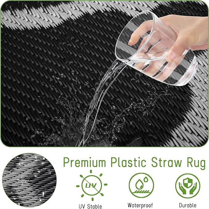 Easy-Going Reversible Outdoor Rugs 6x9ft Waterproof Plastic Straw Rug Stain & UV Resistant Floor Mat for Patio Porch RV Backyard Pool Deck Picnic Beach Trailer Camping (Moroccan Black & Light Grey)
