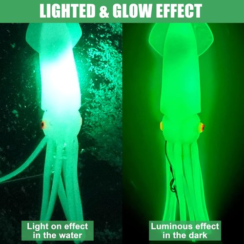 Saltwater Squid Fishing Lures,LED Fishing Lures Lighted Glow Squid Lure Jigs Soft Trolling Squid Lure Deep Drop Flashing Lights Offshore Lures for Halibut Lingcod Mackerel Tuna Striper