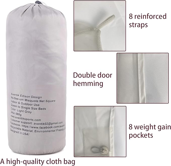 No-See-Um mesh Square Mosquito Net for Queen Size Bed 2 Openings Netting Mosquito Net for Beds, Finest Holes Mesh 2000 Mosquito Netting for Bed (Square Queen Grey Color)