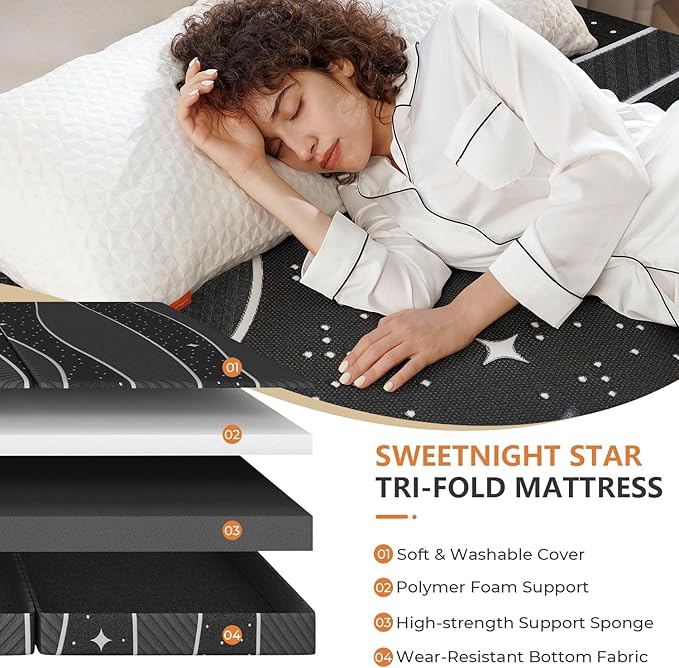 Sweetnight Tri-fold Mattress - 4 Inch Dual-layer Foam Folding Mattress | Removable & Washable 500G Superfine Fiber Cover | Suitable for Camping, RV & Home Use （Full）