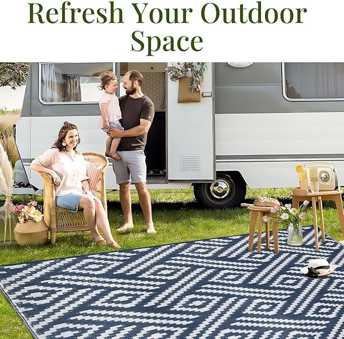 OPPODREAM Outdoor Rug 8x10 Patio Waterproof, Large Outdoor Plastic Straw Rug, Reversible Out Door Carpet for Camping, Deck, Rv, 8 x 10 Area Carpet for Balcony, Porch, Backyard, White and Navy Blue
