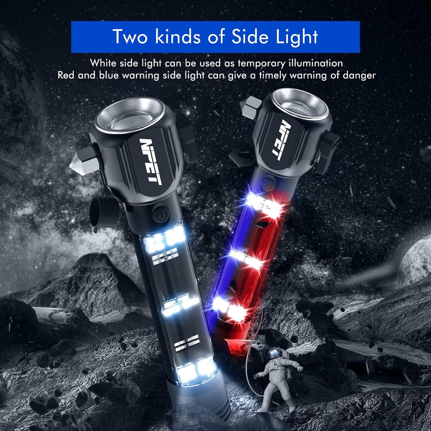 NPET T10 Car Flashlight 500 Lumens LED COB Light Solar Powered USB Rechargeable Tactical Multi-Function Torch Tool with 120dB Siren Window Breaker Seat Belt Cutter Compass for Camping