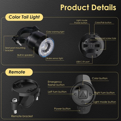 Remote Bike Tail Light 7 Colors 15 Modes with Turn Signals Horn Alarm Rear and Brake Light Auto On/Off Rechargeable 200 Lumen IP66 Waterproof Wireless Smart Rear Bicycle Tail Light 1Pcs Dark Black