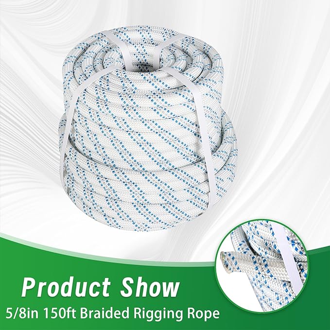 5/8 in 150 FT Braided Rigging Rope 11000 LBS Breaking Strength High Force Polyester Arborist Rope Suitable for Swing Camping Tree Work White Grey Blue