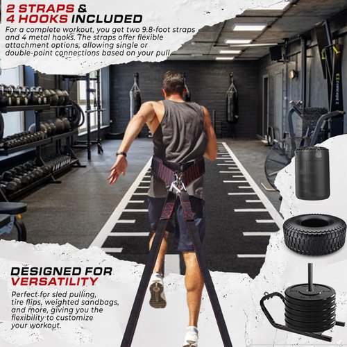 Sled Pulling Belt with Adjustable Closure, 2 Sled Pulling Straps & 4 Hooks – Ideal for Resistance Training, Strength, Agility, and Multi-Directional Pulling (Back, Front, Sides)