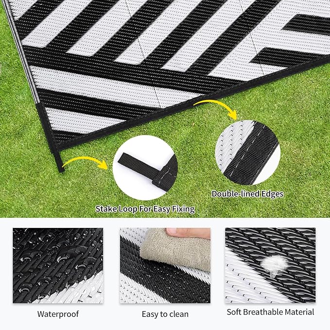Outdoor Patio Plastic Straw Rug - 6'x9' Outdoor Camping Rug Waterproof Reversible, Area Carpet Patios Clearance RV, Outside Porch Balcony Deck for Camper, White & Black