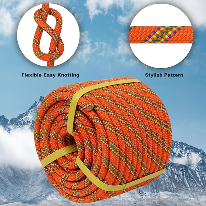 Double Braided Arborist Rope -1/2 Inch x 50 Feet Polyester Rope - High Strength Climbing Rope for Tree Work, Halyard, Sailing (Orange)