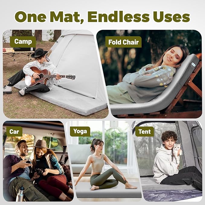Memory Foam Camping Mattress Pad, Portable Roll Up Pads for Adults, Sleeping pad for Camping Bed, Car Bed Mat with Travel Bag- Grey
