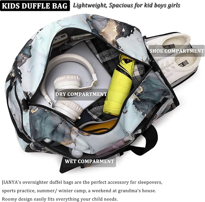 JIANYA Kids Overnight Duffle Bag Girls Boys Sport Gym Bag with Shoe Compartment & Wet Pocket, Carry On Weekender Travel Bag for Kid Girl Boy