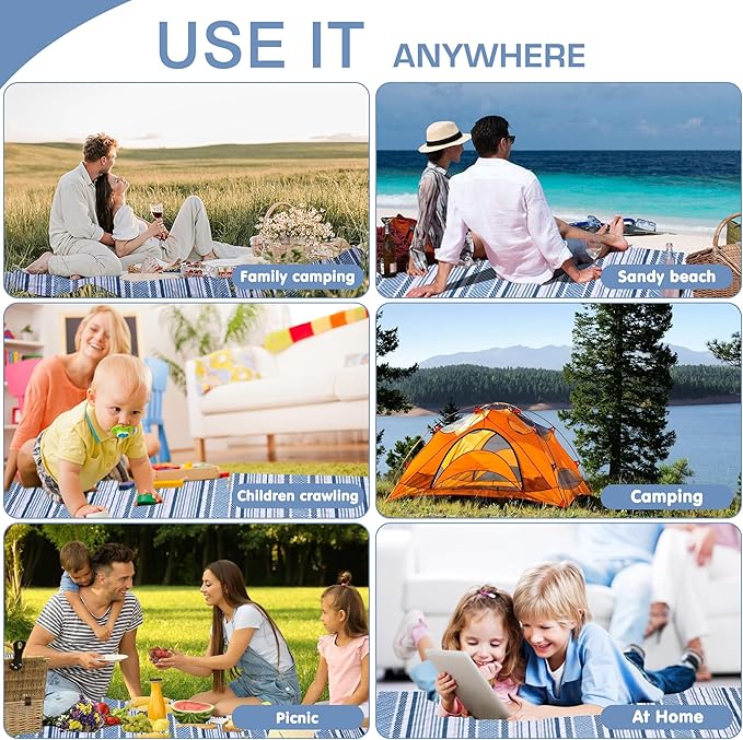 Oversized Waterproof Picnic Mat, Suitable for Camping, Outdoor, Beach, Party and Concert. (Dark Blue & Light Blue, 80" * 80")
