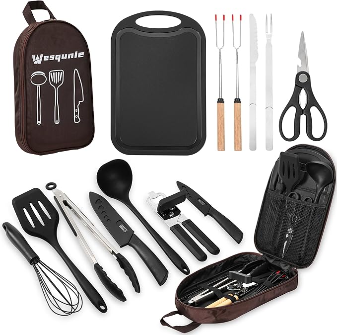 Camping Essentials Cookware Cooking Utensils Set - Portable Camp Kitchen Mess Kit Outdoor Accessories, Stainless Steel & Silicone, Camping Gear Equipment for RV Picnic Grill