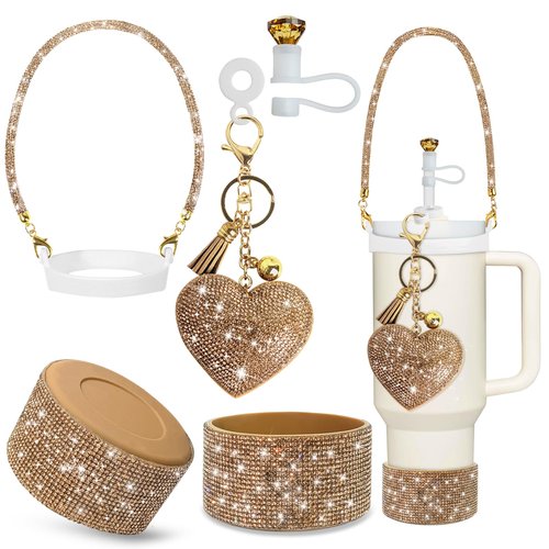 VirgoCCY 5PCS Stanley Cup Accessories Set 30&40 Oz, Includes 1 Diamond Glitter Silicone Boot, 1 Glitter Handle Strap, 1 Straw Covers,1 Straw Adapters Charm Blank with 1 Glitter Charms, Gold