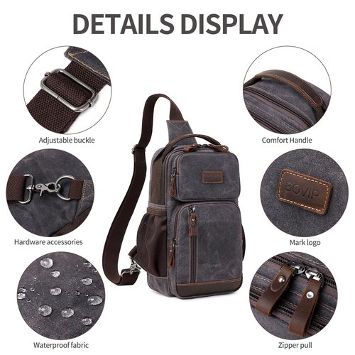 BOVIP Sling Bag for Men - Crossbody Chest Shoulder Bag Waterproof Waxed Canvas Sling Backpack - Casual Daypack for Travel, Black, Gray