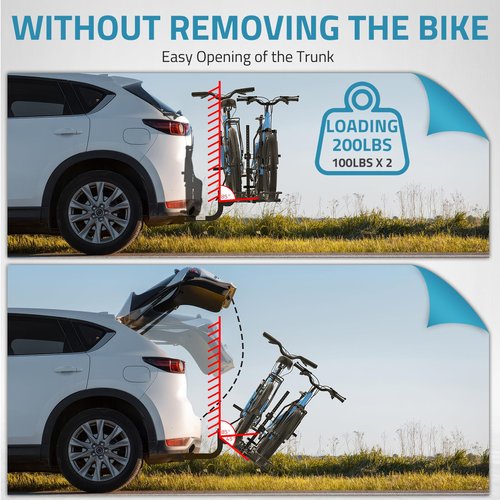 PAULINN Ebike Rack for Tow Hitch, Heavy Duty 2 Bike Folding Bicycle Car SUV Racks for E Bike,Fat Tire and Standard, 2" Hitch Receiver, 200 LBS