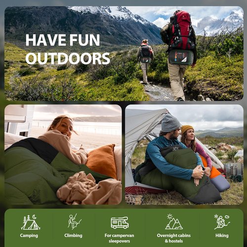 ETGLCOZY Sleeping Bag for Adults Cold Weather & Warm, Lightweight Backpacking Camping Hiking Essentials Gear for Kids 10-12 Girls Boys Compact w/Compression Sack 30-50F Degree, Green/Gray