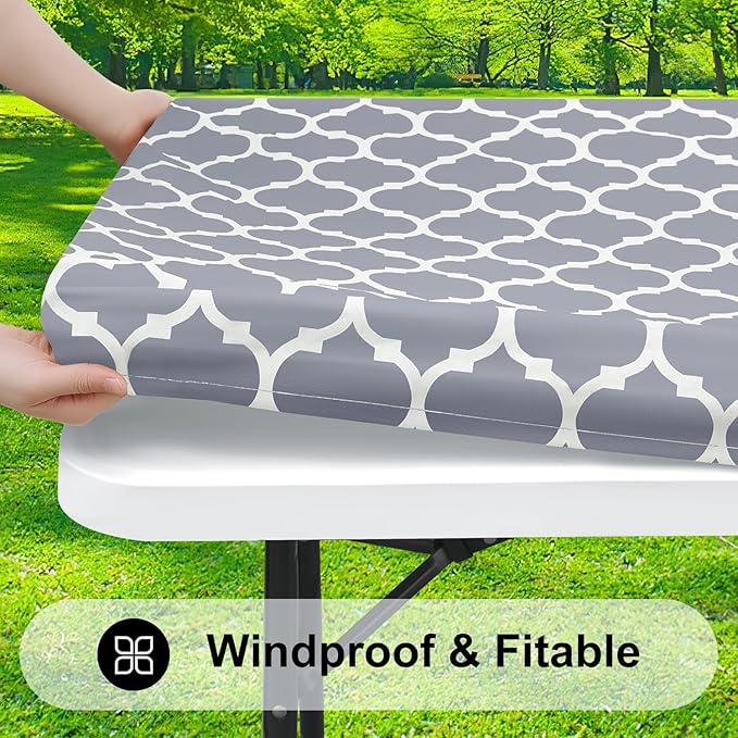 Smiry Rectangle Picnic Table Cover, Waterproof Elastic Fitted Camping Tablecloths for 8 Foot Tables, Wipeable Flannel Backed Vinyl Tablecloth Protector for Indoor, Outdoor (Grey, 36x96 Inches)