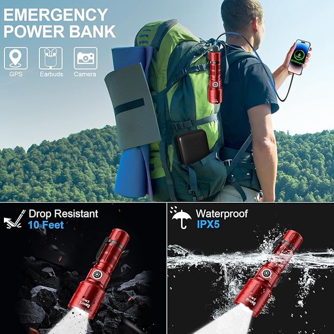 Flashlights High Lumens Rechargeable, 20000 Lumens Super Bright 1500 Meters Long Range Small Powerful Flashlight, 6 Modes LED Tactical Pocket Waterproof Flash Light for Home Emergency (1, Red)