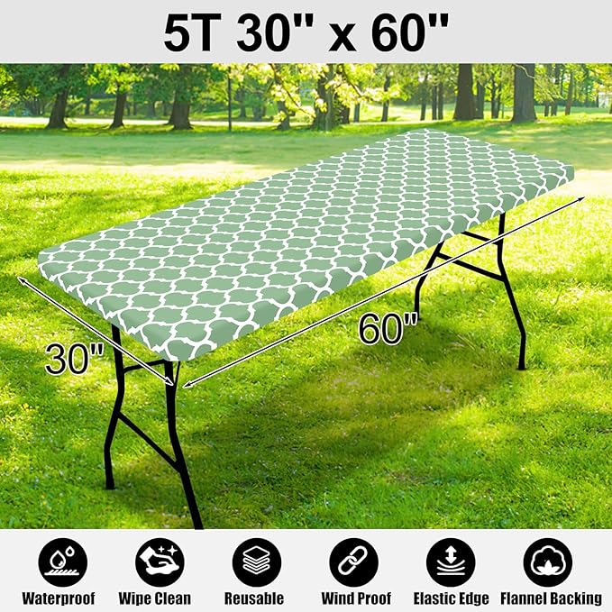 Smiry Rectangle Picnic Table Cover, Waterproof Elastic Fitted Camping Tablecloths for 5 Foot Tables, Wipeable Flannel Backed Vinyl Tablecloth Protector for Indoor, Outdoor (Sage Green, 30x60 Inches)