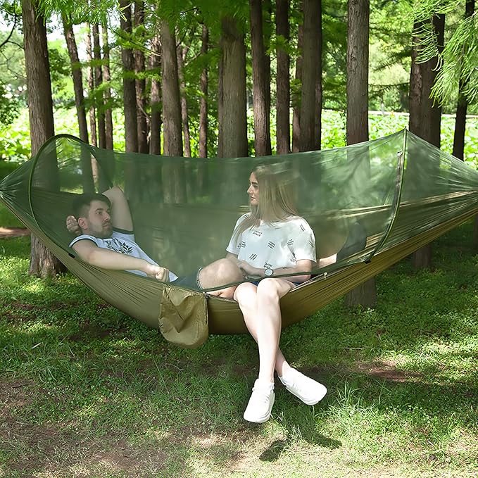 LFL Camping Hammock with Mosquito Net, Hammocks with 13ft Tree Straps Carabiners, Automatic Quick Open Outdoor Portable Hammock, Nylon Parachute Material Outside Hiking Gear (Green)